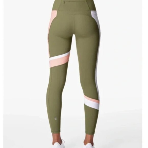 Sweaty Betty Power Full Length Leggings Moss Green Pink Stripe - Picture 2 of 8